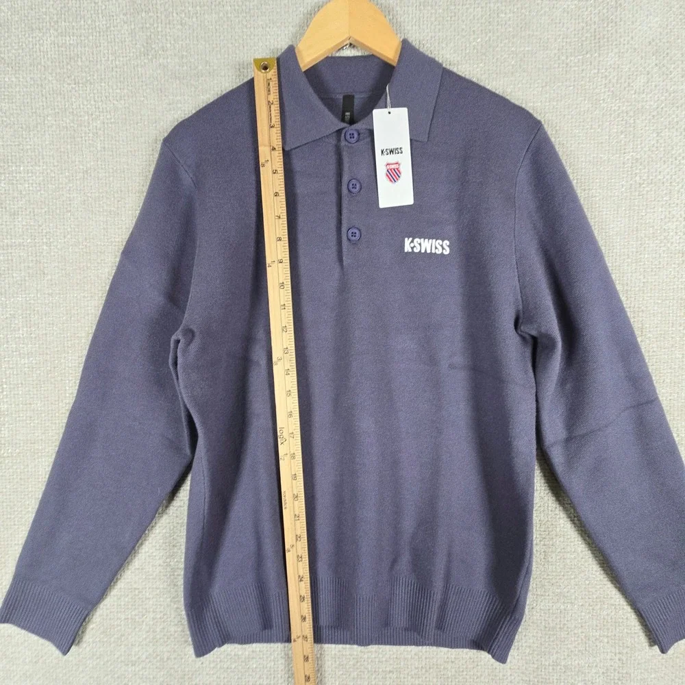 K-Swiss Mens Long Sleeve Polo Sweater Size‎ Small Purple Knit Big Logo NWT